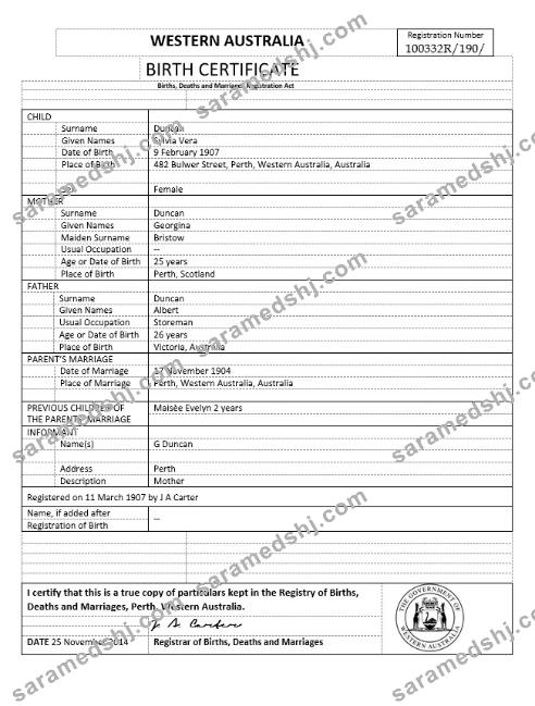 Australia Western Australia birth certificate template in Word format, version 1